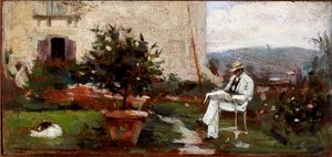 Luigi Tommasi ve své zahradě (Malba na dřevěné krabici od Silvestro Lega