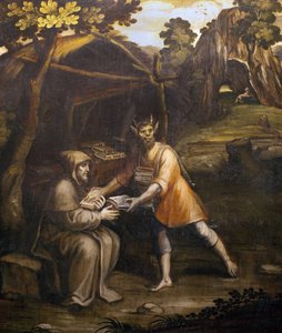 Ďábel bere svaté knihy a nahrazuje je světskými knihami; Obraz Simao Rodrigues (1560-1629); (Ďábel bere svaté knihy a nahrazuje je světskými knihami; malba Simao Rodriguese od Simao Rodrigues