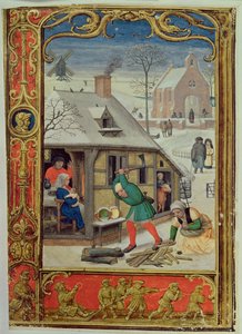 Přidat 24098 f.18v Leden: Sekání polen a sáňkování z Knihy hodin nebo Golfové knihy, c.1520-30 (vellum)