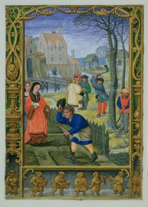 Přidat 24098 f.20v March: Zahradnictví a kácení stromů, z Knihy hodin nebo Golfové knihy, c.1520-30 (vellum)