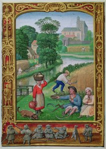 Přidat 24098 f.25v August: Sklizeň u řeky, z Knihy hodin nebo Golfové knihy, c.1520-30 (vellum)