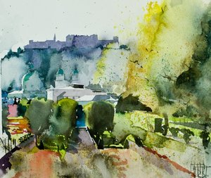 Salcburk ze zahrad Mirabell, 2008 (akvarel) od Simon Fletcher