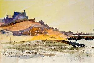Sidi Jemour, skály a pobřeží,Djerba Tunisko, 2000 (akvarel) od Simon Fletcher