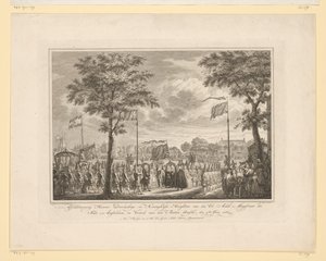 Rozloučení s Willem V a jeho manželkou na Buiten Amstel, 1768 Sbohem jejich klidné a královské výsosti den Ed: Achtb: Magistrát města Amsteldam a odjezd den Buiten Amstel, 4. června 1768 (název na předmětu) obraz od Simon Fokke