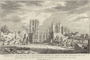 Zřícenina velkého kostela Bergen op Zoom, 1748 Pohled na ruiny Groote Kerk, při pohledu z Hoogstraat, přicházející z Bospoortu, v Bergen op den Zoom (název na objektu) Deset tváří ruin po obléhání a zničení Bergenu op Z