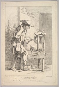 Frontispis: Gaigne Petit, z Le Cris de Paris Výkřiky Paříže, deska 1, 18. století.