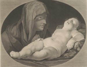 Panna v modlitbě, při pohledu na spícího nemluvněte Krista, v oválném rámu, po Reni,..., 1765. od Simon Francois Ravenet