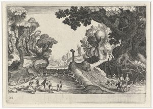 Lesní krajina s křížem podél cesty Jihoevropské krajiny (název série) Topographia variarum regionum (název série) od Simon Frisius