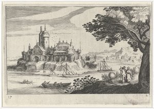 Kopcovitá krajina s hradem na ostrově Jihoevropské krajiny (název série) Topographia variarum regionum (název série) od Simon Frisius