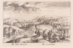 Kopcovitá krajina se třemi páry z knihy Topographia Variarum Regionum od Simon Frisius