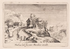 Krajina s cestou na horu přes vesnici, z knihy Topographia Variarum Regionum od Simon Frisius