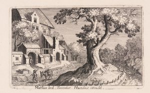 Muž s oslem kráčející kolem vesnice, z Topographia Variarum Regionum od Simon Frisius