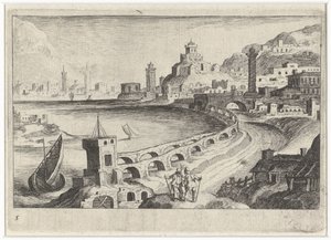 Panoráma města s akvaduktem Jihoevropské krajiny (název série) Topographia variarum regionum (název série) od Simon Frisius