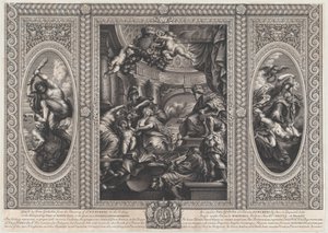Alegorická scéna ukazující výhody Jamesovy vlády v centru, Wise Government tramp..., 1720.
