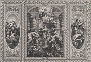 Jakub I. jmenoval Karla skotským králem v centru, Minerva oštěpovala Nevědomost v ri..., 1720.