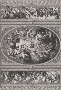 Apoteóza Jakuba I. v oválu uprostřed, vlysy s putti a girlandami na obou ..., 1720.
