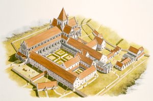 Letecký pohled na opatství Byland (akvarel na papíře)