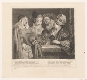 Gezelschap van vijf herci bij een parapet Kokety Dílo Antoine Watteau (název série) Dílo Antoina Watteaua, malíře krále v jeho Královské akademii malířství a sochařství (...) (název série) od Simon Henri Thomassin