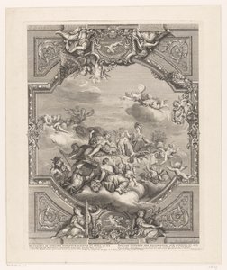 Stropní malba ve Versailles: Apollo rozdává odměny umění a vědám, Minerva korunuje génia Francie od Simon Henri Thomassin