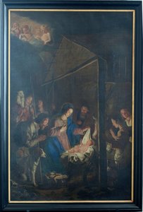 Farní kostel (kostel Nanebevzetí Panny Marie). Interiér. malování. Vánoční scéna. Simon DePaepe. Původ opatství Ename (?).