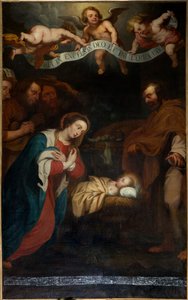 Farní kostel (Saint Laurentius Parish Church). Interiér. severní uličkou. Oltář. malování. „Narození Krista“. podepsal Simon de Pape. 1666.