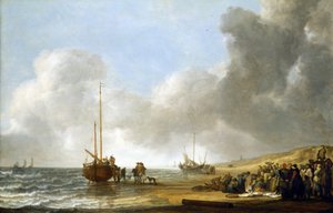 Scéna na pláži Scheveningen (Haag, Nizozemsko), vlevo moře a vpravo písečné duny, uprostřed rybářská loď na kýlu a skupina rybářů.