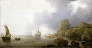Lodě v mělkých vodách skalnaté zátoky, romantická a idealizovaná představa. Olej na dřevě, autor Simon de Vlieger (1600-1653).