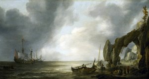 Holandské válečné lodě kotví u skalnatého pobřeží, několik členů posádky se vyloďuje na břehu a shromažďuje se kolem rybářských košů.