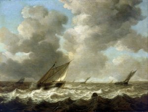 Rybářské lodě na rozbouřeném moři, na obzoru je vidět nizozemské pobřeží. Olej na dřevě od Simon Jacobsz. Vlieger
