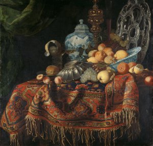 Zátiší s ovocem, talíři a pokrmy na krůtí koberec od Simon Luttichuys (attributed to)