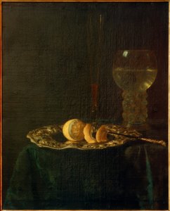 Banketové zátiší se stříbrným talířem, citrony, římskou a flétnou od Simon Luttichuys