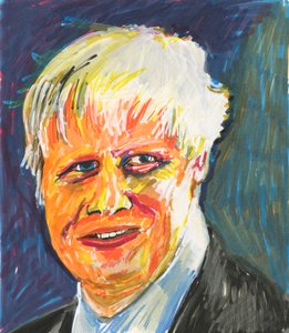 Boris Johnson, 2019 (tuš a akrylové barvy na papíře) od Simon Neville