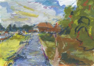 Pavlač a zkratka k domům, 2024 (akryl, akvarel, akvarelové tužky a olejový pastel na papíře) od Simon Neville