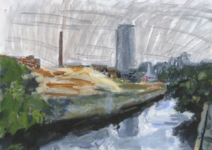 River Wandle and Ram Brewery redevelopment site, Wandsworth, 2025 (akryl, akrylové barvy, indické inkousty, olejové inkousty a grafit na papíře) od Simon Neville