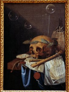 Vanitové zátiší z lebky koruna vavřínů, flétny, partitury a džbán na víno. Obraz Simona Bernarda ze Saint Andre (1613-1677) 17. století Sun. 0,6x0,43 m Lyon, Musee des Beaux Arts