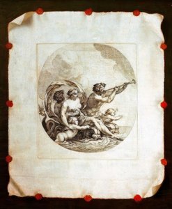 Trompe l’oeil s mědirytinou Galatea od Simon Vouet