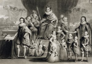 Jeho Veličenstvo Jakub I. a jeho královské potomstvo spolu s rodem českého krále, ryl Charles Turner (1773-1857), 1814