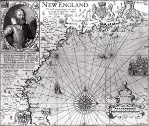 Mapa pobřeží Nové Anglie, kterou pozoroval a popsal kapitán John Smith (1580-1631) 1614, z „Generall Historie“, 1624