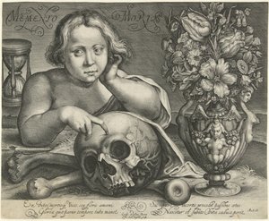 Dítě s lebkou (Vanitas) Memento Mori (název na objektu)