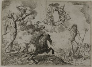 Jupiter, Neptun a Pluto nabízejí své koruny do náručí kardinála Borghese od Simone Cantarini