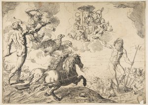 Jupiter, Neptun a Pluto nabízejí své koruny do náručí kardinála Borghese, 1642-43. od Simone Cantarini