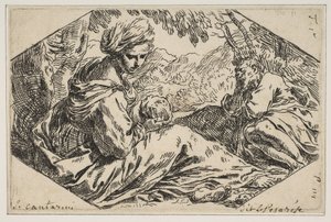 Odpočívej v Egyptě, Marie drží malého Krista a dívá se na něj, zatímco sv. Josef s..., ca. 1637-1639. od Simone Cantarini