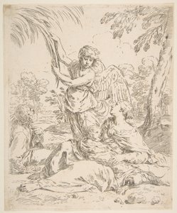 Odpočívej v Egyptě, Marie kojí malého Krista, zatímco anděl tahá za větve stromů, ca. 1639. od Simone Cantarini