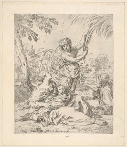 Odpočívej v Egyptě, Marie kojí malého Krista, zatímco anděl tahá za větev stromu..., asi 1630-1648. od Simone Cantarini