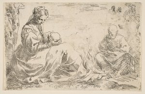 Odpočívej na útěku do Egypta, Marie drží a dívá se na malého Krista, zatímco sv..., ca. 1637. od Simone Cantarini
