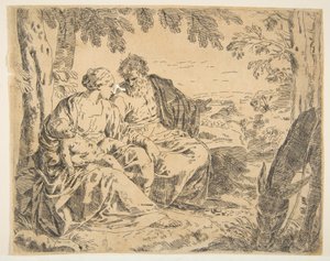 Odpočívej na útěku do Egypta, Marie drží malého Krista, zatímco sv. ..., ca. 1637-1639 nebo později. od Simone Cantarini