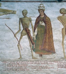 Smrt žádá papeže o tanec, detail z Tanec smrti od Simone II Baschenis