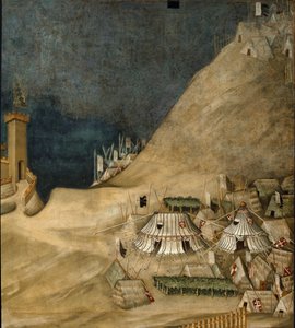 Detail vojenského tábora za Guido Riccio da Fogliano, během dobytí hradu Montemassi, v roce 1328 (freska od Simone Martini