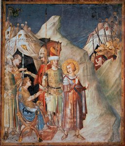 Epizody života svatého Martina: „Svatý Martin z Tours se vzdává zbraní““ Freska od Simone Martini (1285-1344). 1312-1317 - Rozměr 265x230 cm Dolní bazilika sv. Františka z Assisi; Kaple svatého Martina, Assisi