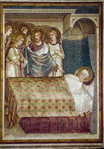 Freska ze života svatého Martina. Sen svatého Martina: Kristus obklopený anděly mu zjevuje, že to byl on, kdo dal svůj kabát. Obraz Simone Martini (1280-1344). Freska